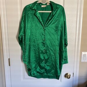 Gold Label Victoria's Secret Green Satin Sleep Shirt with Faux Pearl Buttons